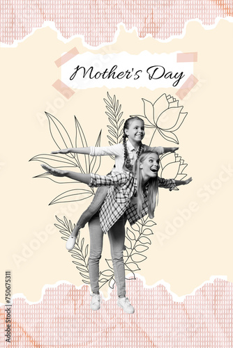 Creative image composite photo collage of daughter sit on mothers back hold hands like wings have fun isolated on drawn background