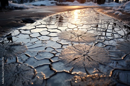 Puddle freezing over with intricate ice crystal patterns