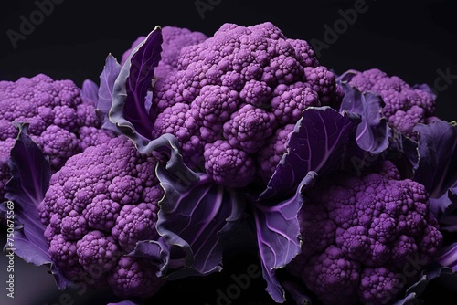 Purple cauliflower florets on a matte black surface photo