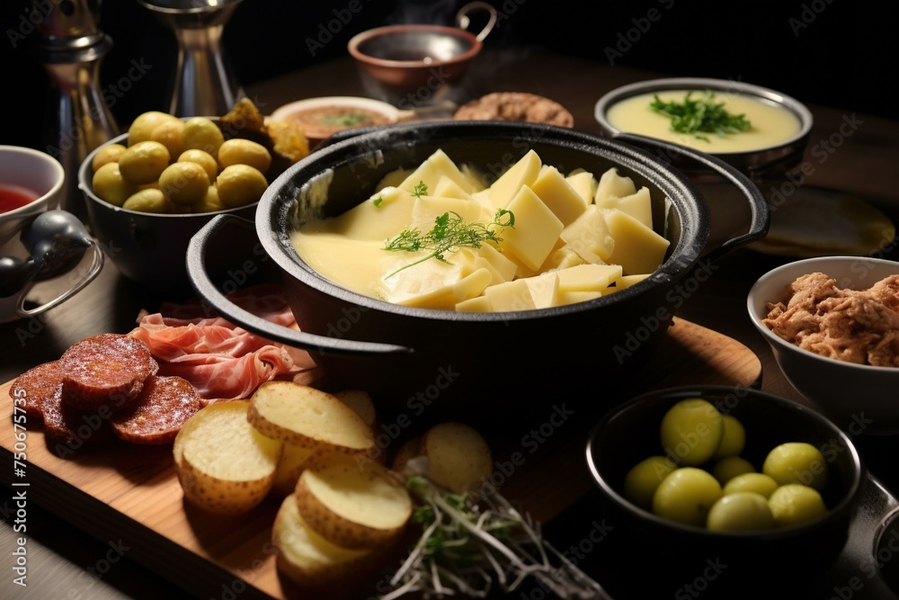 Raclette melting over new potatoes and pickles