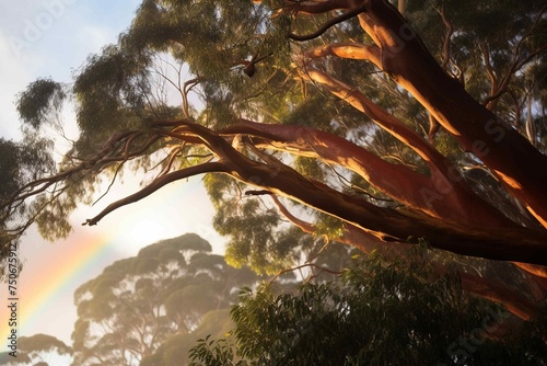 Rainbow arcing over Eucalyptus canopy photo