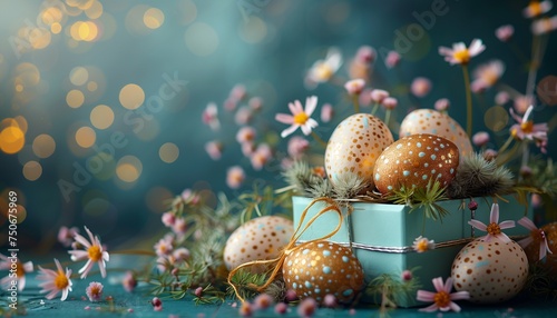 Light blue gift box with a bow and Easter eggs flying out of the box