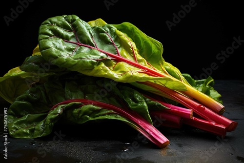 Rainbow chard leaves wilted with golden garlic photo