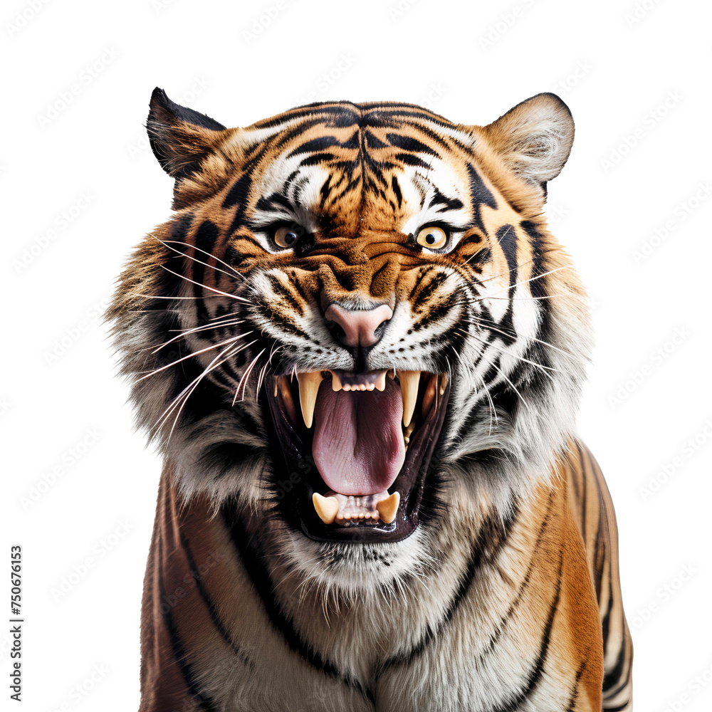 Fototapeta premium Close up face of angry tiger, roaring, isolated on white background