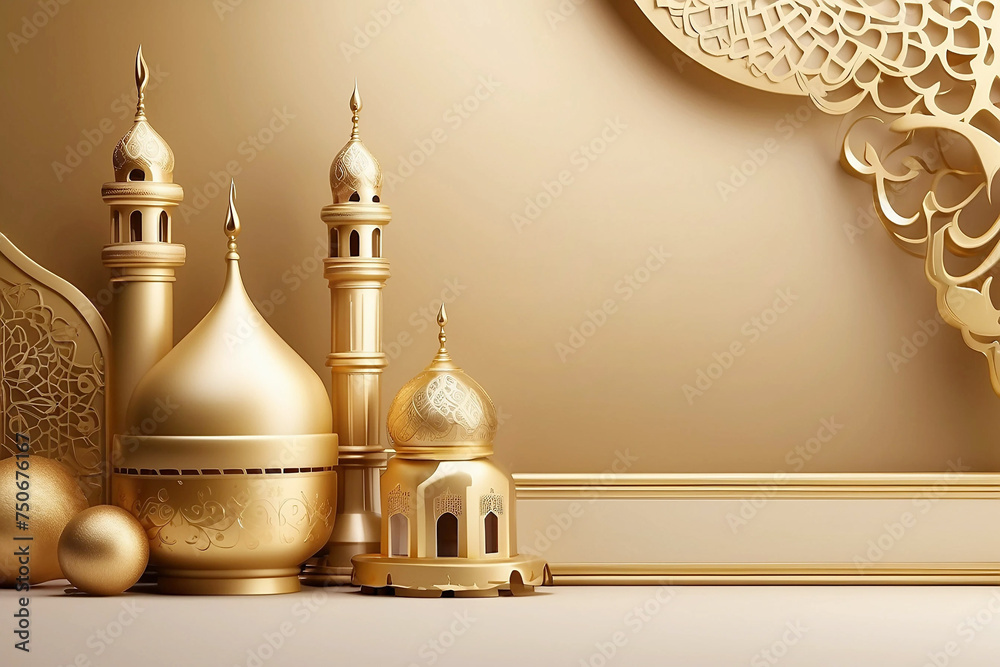Eid Mubarak simple elegant and luxury with a mosque gold and 3d islamic ...