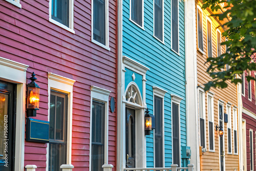 Detail of a row of the colorful Victorian clapboard houses in Charlottetown, capital of Prince Edward Island, Canada photo