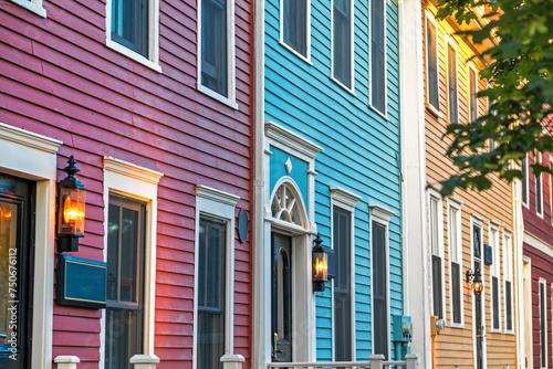 Bild auf Leinwand Detail of a row of the colorful Victorian clapboard houses in Charlottetown, cap