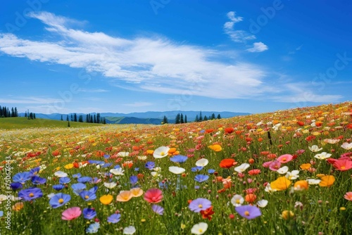 Rainbow of wildflowers creating a natural color gradient across the field photo