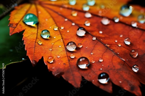 Raindrops on a vividly colored autumn leaf photo