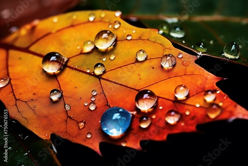 Raindrops on a vividly colored autumn leaf photo