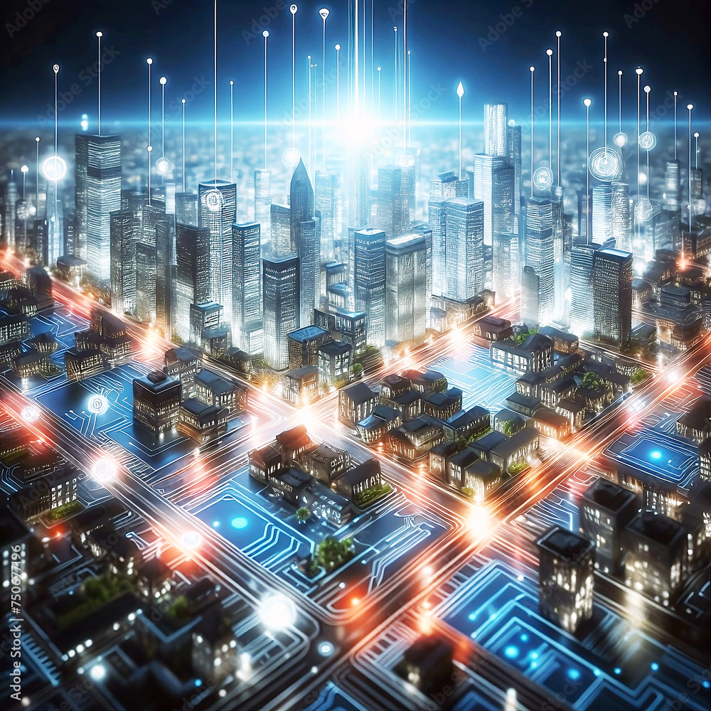 A night conceptual visualization of a smart internet city with glowing structures on a digital circuit board, symbolizing urban technology integration concept lighting - Generative AI