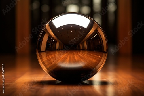 Reflection of a perfect sphere on a glossy surface with soft lighting