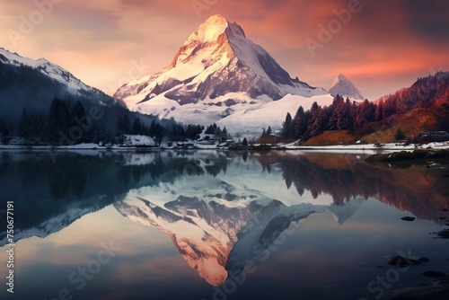 Reflection of a volcanic peak in a calm alpine lake