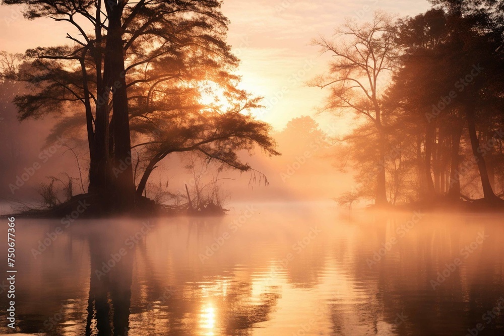 Reflection of trees on foggy river bend at sunrise