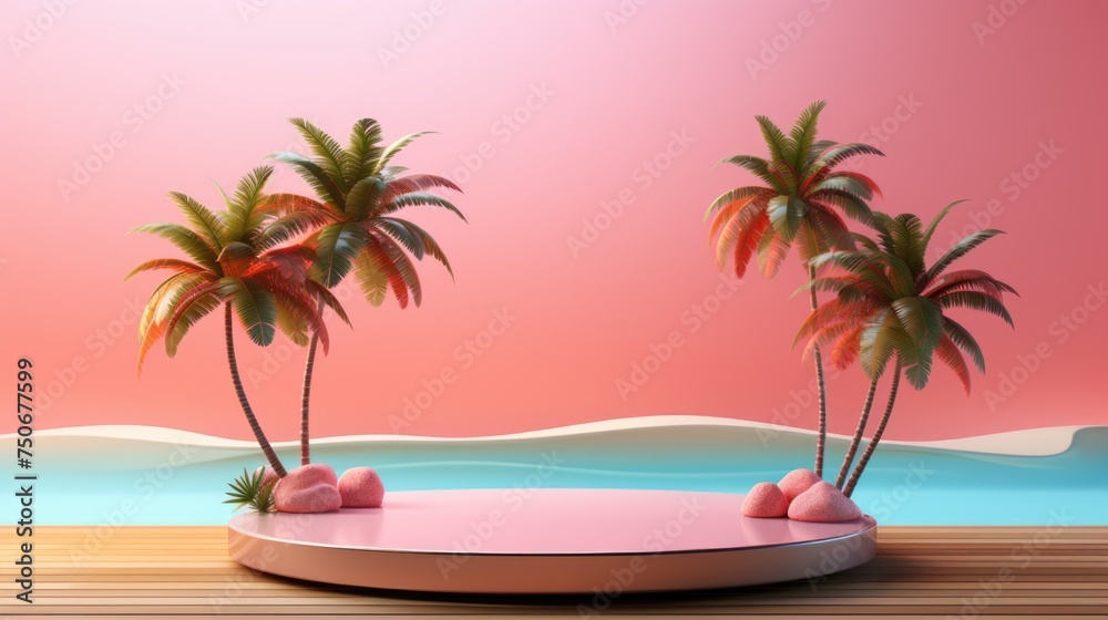 Tropical product placement podium stage with summer beach palm tree, Bright color, ultra realistic, vibrant colors  