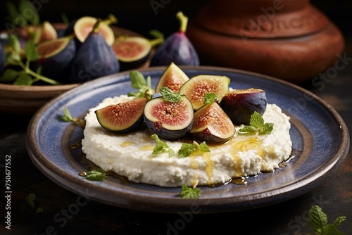 Ricotta with figs on ceramic plate