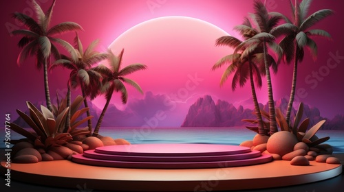 Tropical product placement podium stage with summer beach palm tree  Bright color  ultra realistic  vibrant colors  