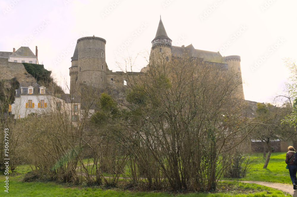 View of the defense wall of a medieval city in the north of France (Vitre, Brittany, France, Europe)