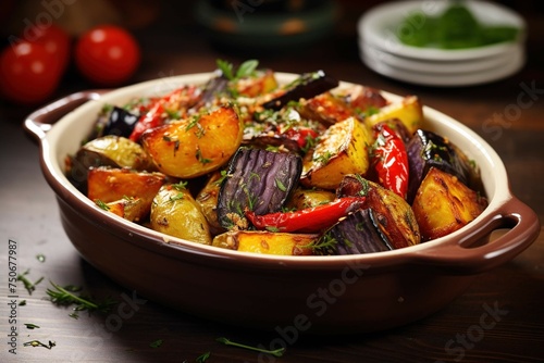 Roasted vegetables with herbs and spices in a ceramic dish