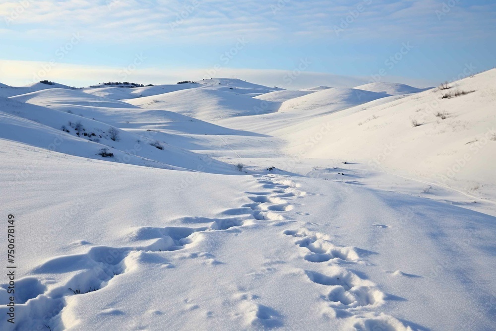 Rolling hills covered in a blanket of snow, with animal tracks visible