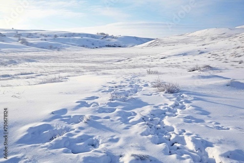 Rolling hills covered in a blanket of snow, with animal tracks visible