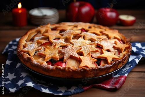 Rustic apple pie with a star-patterned crust, celebrating patriotic holidays