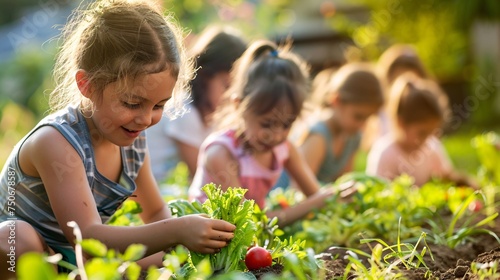 Vegetable garden - little gardener with harvests of healthy vegetables