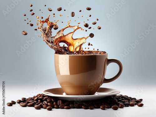 This flying cup of coffee with splash and coffee beans Ai generative.