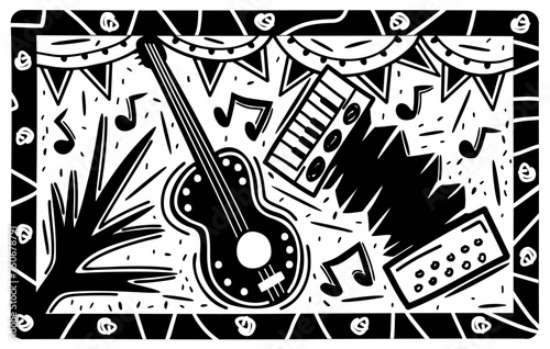 Brazilian cordel style woodcut illustration. Party concept. Musical instruments, flags and notes.