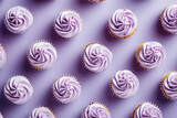 Beautiful Lavender Cupcakes on Purple Background, Delicious Homemade Desserts for Top View Presentation