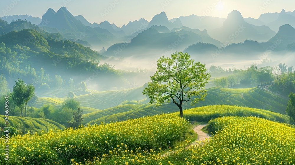 Rape field and green tree in sunrise, foggy morning with yellow flowers field, trees and distant green mountains landscape