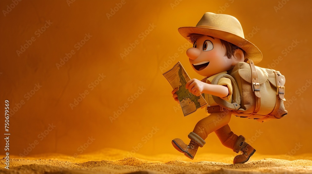 Fototapeta premium Cartoon Explorer Walking with Map in Desert