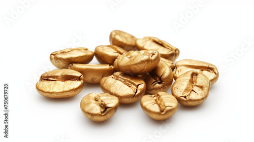 Close-up view of roasted golden color caffeine coffee beans on a white background. Luxury gold cafe seeds concept. photo