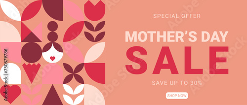 Happy Mothers, Moms Day. Trendy geometric shapes carnation, flower and more in retro style. Promo sale banner or card. Seasonal offer. vector illustration
