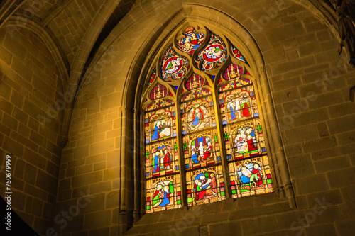 Tained window and interior of medieval gothic church of Vitre, Bretagne, France