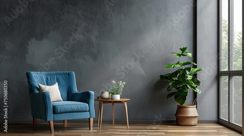 Interior with grey wall blue armchair and wood side table © Emil