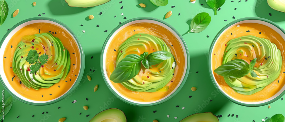 Creamy avocado soup with basil garnish in bowls on green background. Vegetarian food and healthy lifestyle concept. Design for menu, poster, wallpaper Creamy avocado soup with basil garnish in bowls on green background. Vegetarian food and healthy lifestyle concept. Design for menu, poster, wallpaper