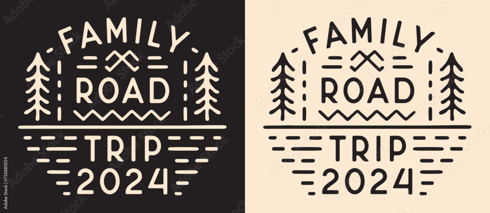 Family road trip 2024 crew squad team badge logo template. Retro vintage outdoor aesthetic. Text for summer holiday vacation group matching clothing shirt design printable accessories vector cut file.