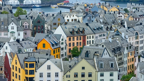 Roofs of Art Nouveau buildings from above, Alesund, Norway © Emil