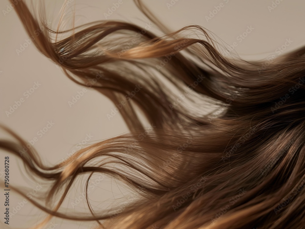 Super slow-motion shot capturing the elegant flow of wavy brown hair, highlighting texture and movement