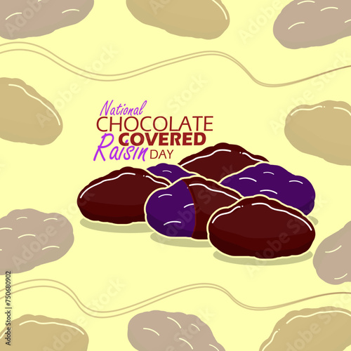 National Chocolate Covered Raisin Day event banner. Raisins covered in chocolate, with bold text on light brown background to celebrate on March 24