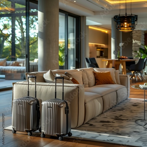 Modern living room with suitcases ready to go on vacation