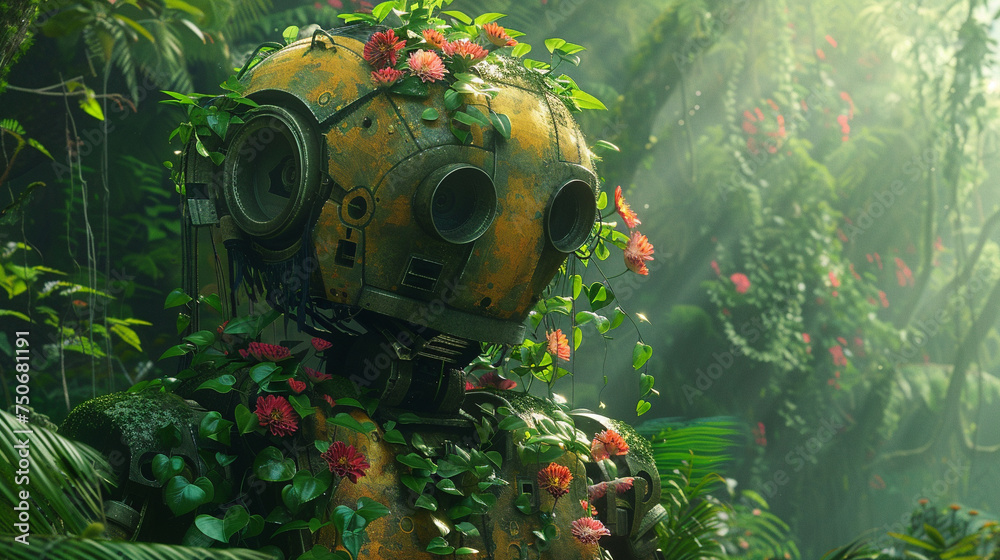 An ancient robot rediscovered in a jungle covered in flowering vines