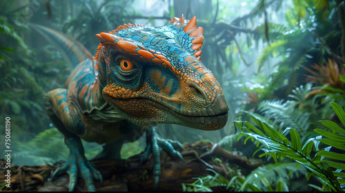 A Velociraptor with holographic feathers stalking through a techenhanced jungle