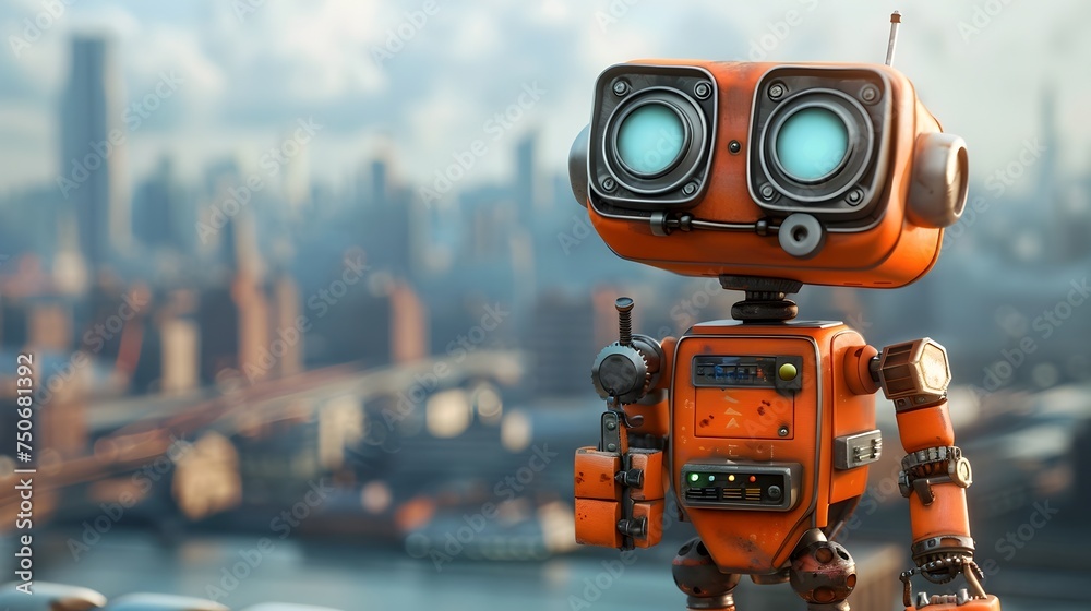 Orange Robot Standing in Front of a City in the Style of Iconic Pop Culture References Orange Robot Standing in Front of a City in the Style of Iconic Pop Culture References