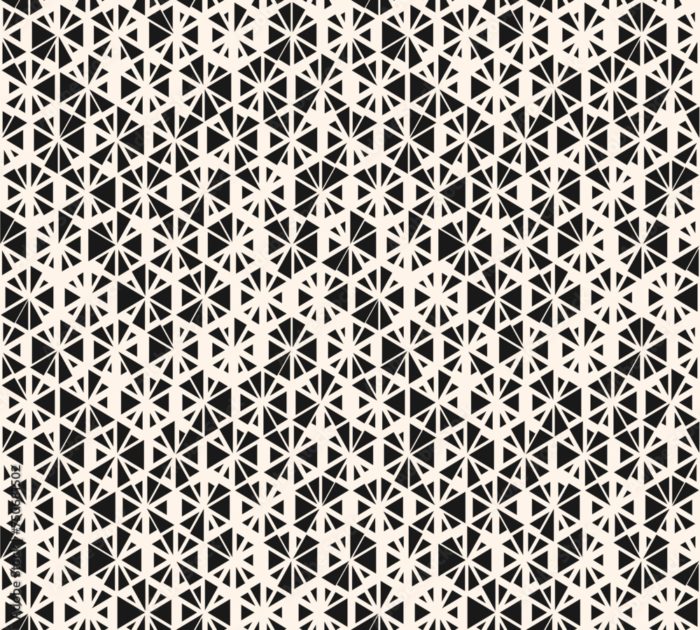 Monochrome vector seamless pattern with small randomly scattered triangles, floral shapes, hexagonal grid. Black and white modern texture. Stylish background with halftone effect. Trendy geo design