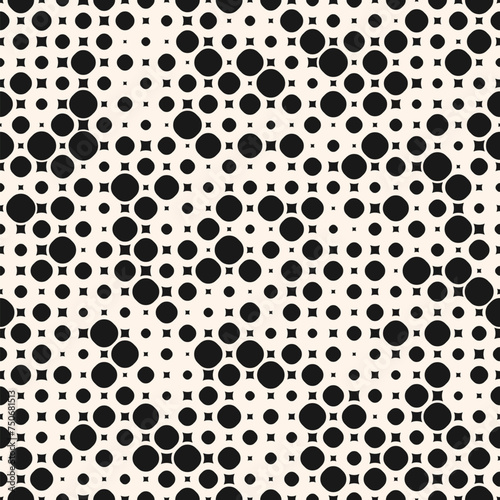 Black and white vector seamless pattern with small randomly scattered curved shapes, circles, squares, dots. Simple modern monochrome background with halftone effect. Repeated texture. Minimal design