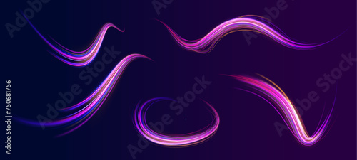 Neon swirls in a big set. Vector glitter light fire flare trace. Futuristic neon light effect. Speed of light concept background.	