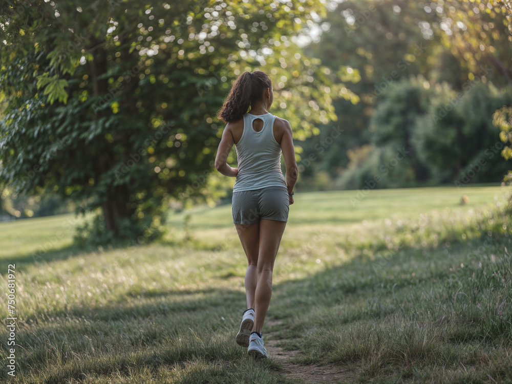 woman seen from behind running in park on a sunny day, jogging in nature in the summer