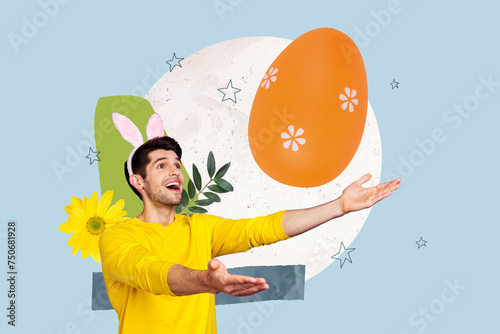 Creative drawing collage picture of excited man hunt big egg celebrate easter holiday tradition invitation billboard comics zine minimal photo